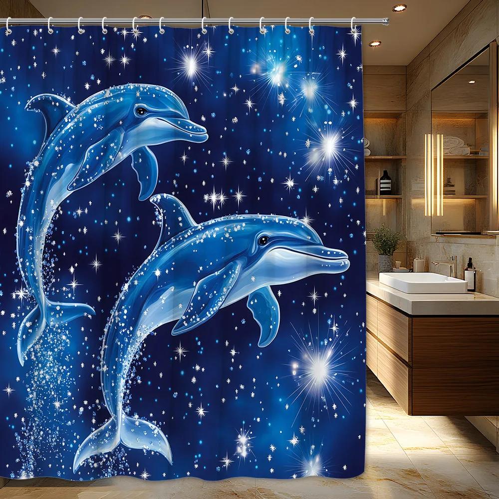 

1Pc Magical Blue Dolphins Shower Curtain - Ethereal Ocean Scene With Stars & Sparkles, Whimsical Fantasy Style Polyester Fabric, W60H190(CM)-1 Pcs