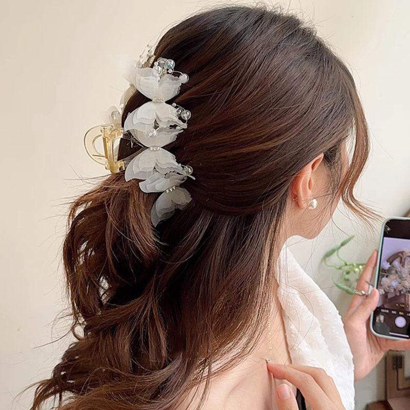 13cm Chiffon Bead Tassel Hair Claw Jaw Elegant Fairy Butterfly Hair Clip Crab Girls Large Hairpins For Women Hair Accessories Headwear