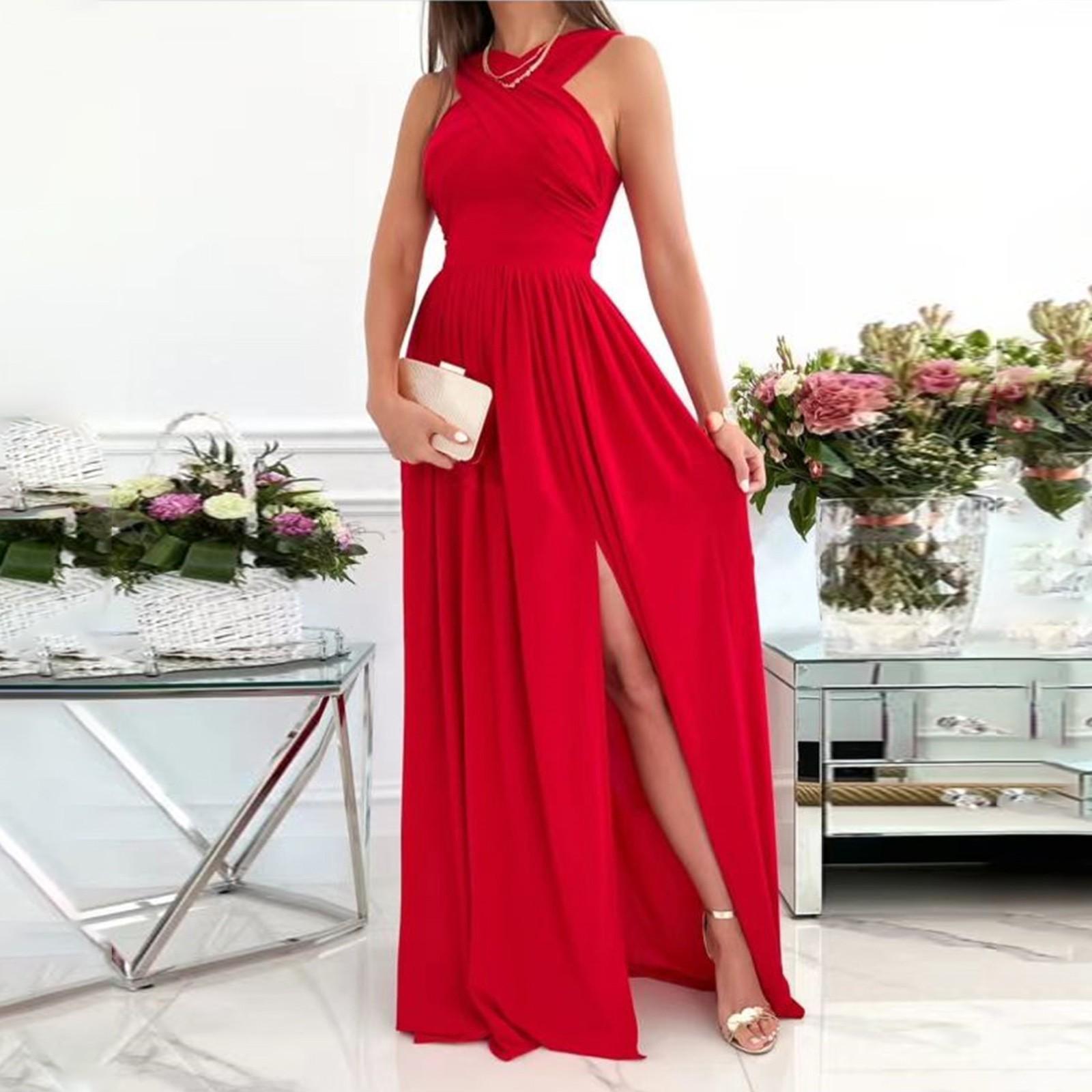 

Женское модное повседневное платье макси без рукавов, элегантное длинное платье с разрезом, вечернее платье S красный