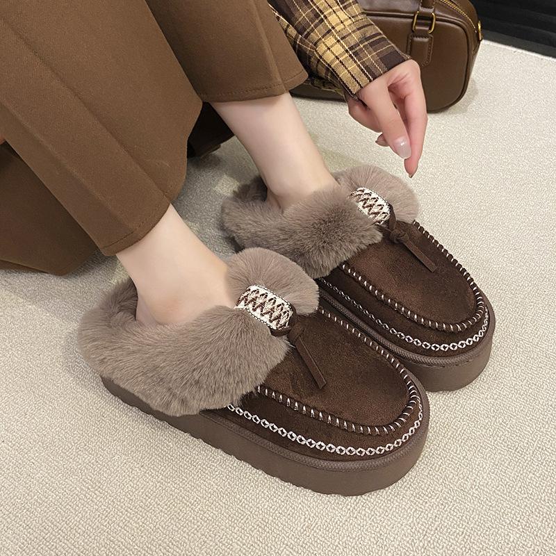 Women's Fur Mouth Large Size Thickened Winter Warm Fur One Snow Boots Thickened Lined Ankle Boots Non-slip Hiking Sports Cotton Slippers