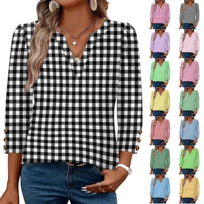Women V Neck Loose Fit Casual Top Three Quarter Sleeve Button Cuff Lightweight Comfortable Blouse for Everyday Wear