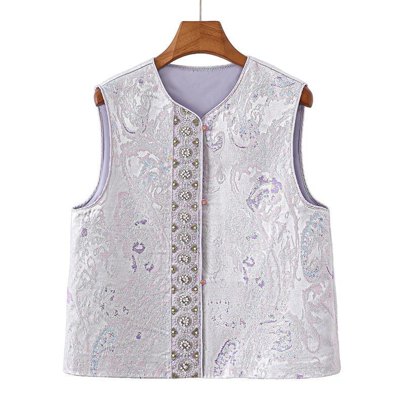 

2026 Spring/Autumn New Chinese Style Women s Jacquard Vest with Handmade Beaded Frog Buttons for Stylish Middle-Aged and Elderly Mothers L (Recommended for 120-145 jin) фіолетовий