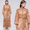 Women's Floral Pattern Printed Stand Collar Lantern Sleeve Holiday Dress Summer Autumn New Fashion Vintage Chiffon Long Maxi Dress