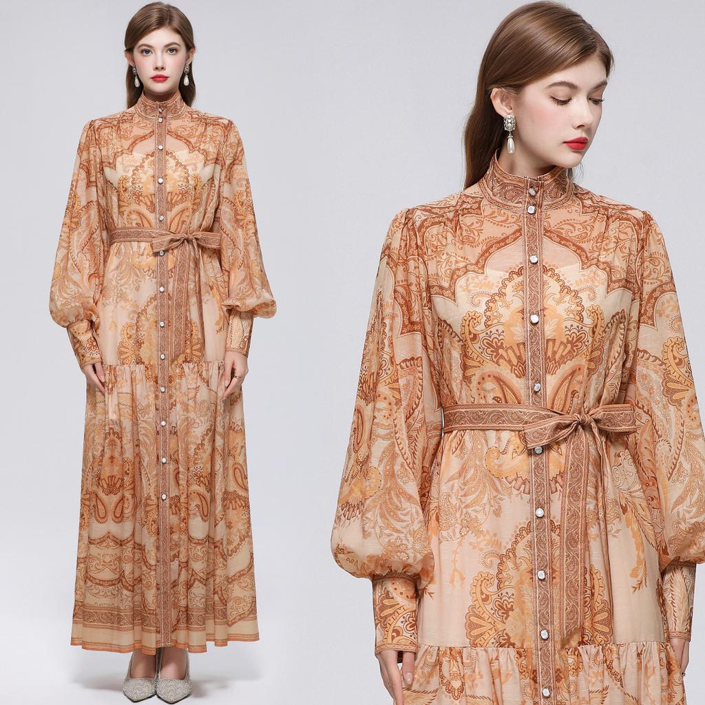 Women's Floral Pattern Printed Stand Collar Lantern Sleeve Holiday Dress Summer Autumn New Fashion Vintage Chiffon Long Maxi Dress