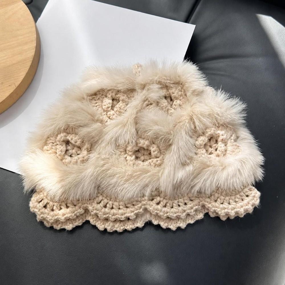 Rabbit Fur Earflap Bucket Hat Warm Plush Hat Trendy Fluffy Knitted Skull Cap  Daily Wear