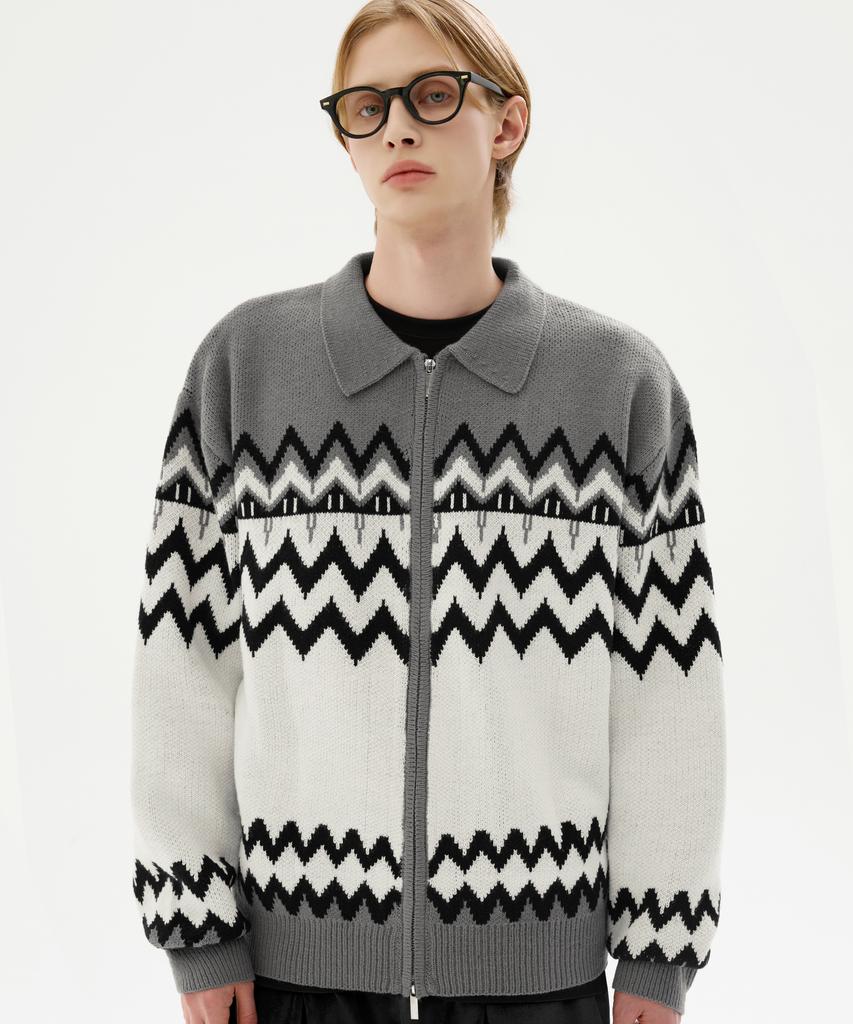 TRILLION Washable Nordic Jacquard Collar Neck 2-Way Zip-Up Knit [Gray]