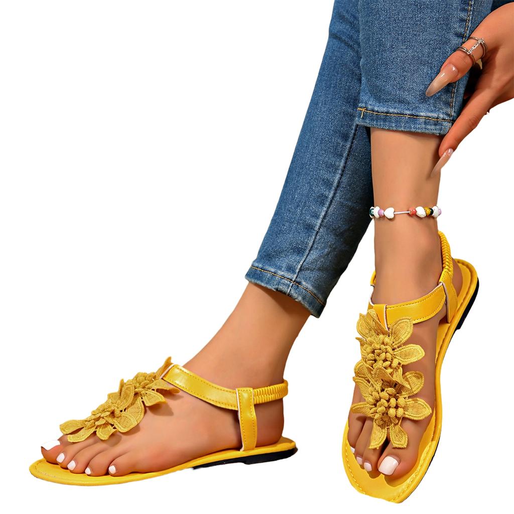 Damen Florale Elastische Band Tanga Sandalen Sommer Lässig Flach Zum Hineinschlüpfen Offene Zehen Leichte Bequeme Strandschuhe