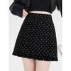 Grauer Polka Dot Wollrock in A-Linie mit hoher Taille und Rüschen für Damen in Übergröße