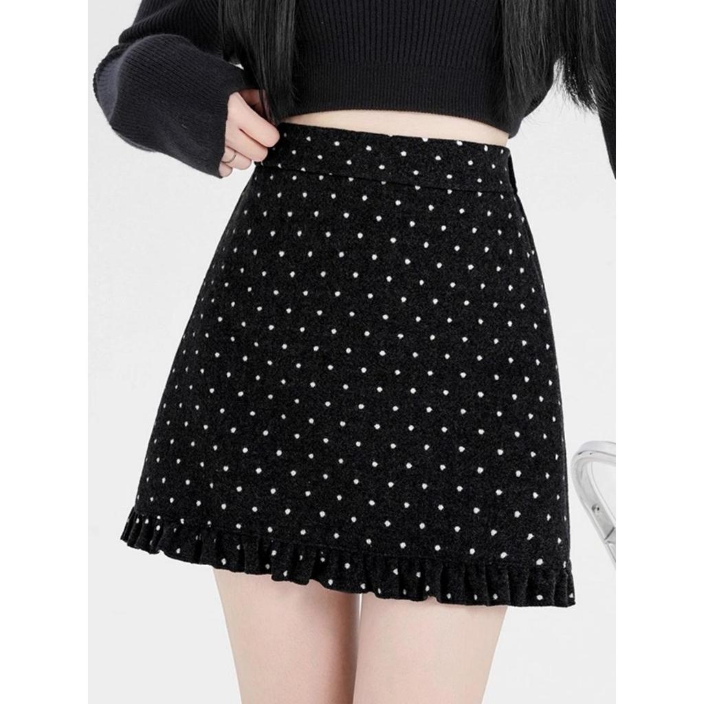 Grauer Polka Dot Wollrock in A-Linie mit hoher Taille und Rüschen für Damen in Übergröße