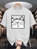 Unisex Black Tee Line Art Cat Square Sketch Cartoon Graphic Print Crew Neck Short Sleeve Summer Casual Male Cotton Street Top