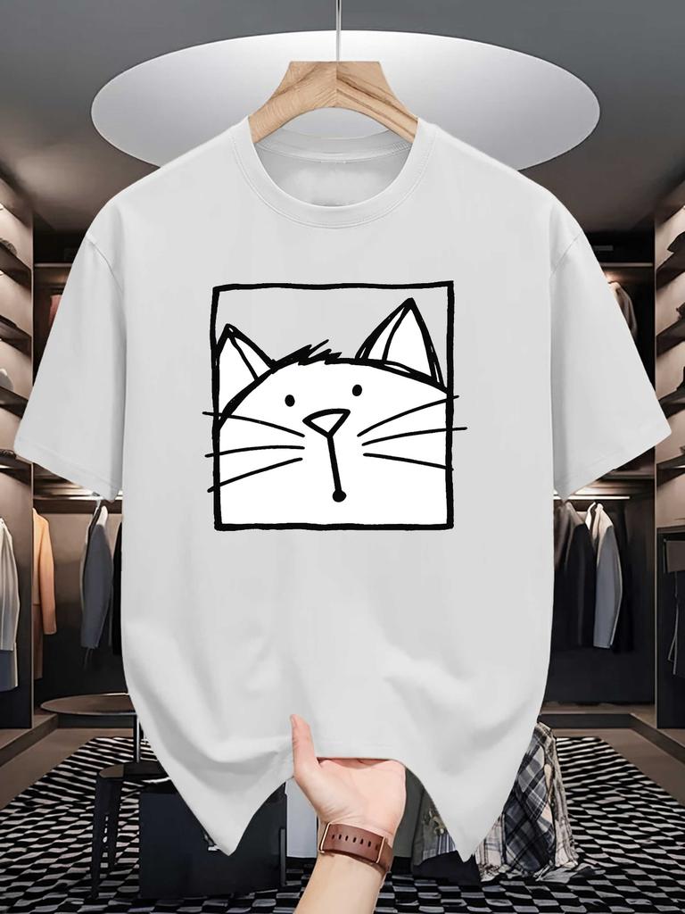 Unisex Black Tee Line Art Cat Square Sketch Cartoon Graphic Print Crew Neck Short Sleeve Summer Casual Male Cotton Street Top