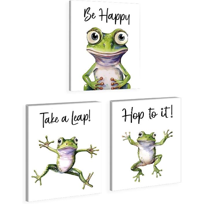 GMLXCX Funny Frog Bathroom Decor Wall Art, Cute Frog Sitting on Toilet Decor Art Poster, Funny Bathroom Sign Canvas Print Set of 3 (8''x10'',