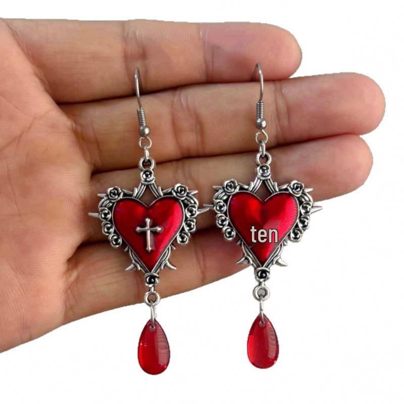 Dark Gem Blood Red Gothic Heart Rose Thorn Earrings - Original Halloween Design