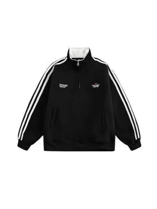 Unisex Fleece-Lined Stand Collar Half-Zip Hoodie: Thick, Embroidered, Trendy, Loose-Fit, Autumn/Winter, Heavy-Weight Jacket.