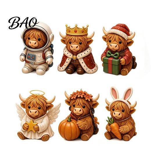 Unique Christmas Ornaments Highland Cow Advent Calendar, 24 Acrylic Ornaments, Decorative Surprise Gift 2D Flat Hanging Charms for Tree Decoration