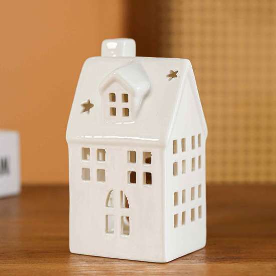Ceramic House Decor Shape Candle Holder, White Hollow Tea Light Holder Durable Craft Gift Ornament, Artistic Miniature Figurine for Christmas