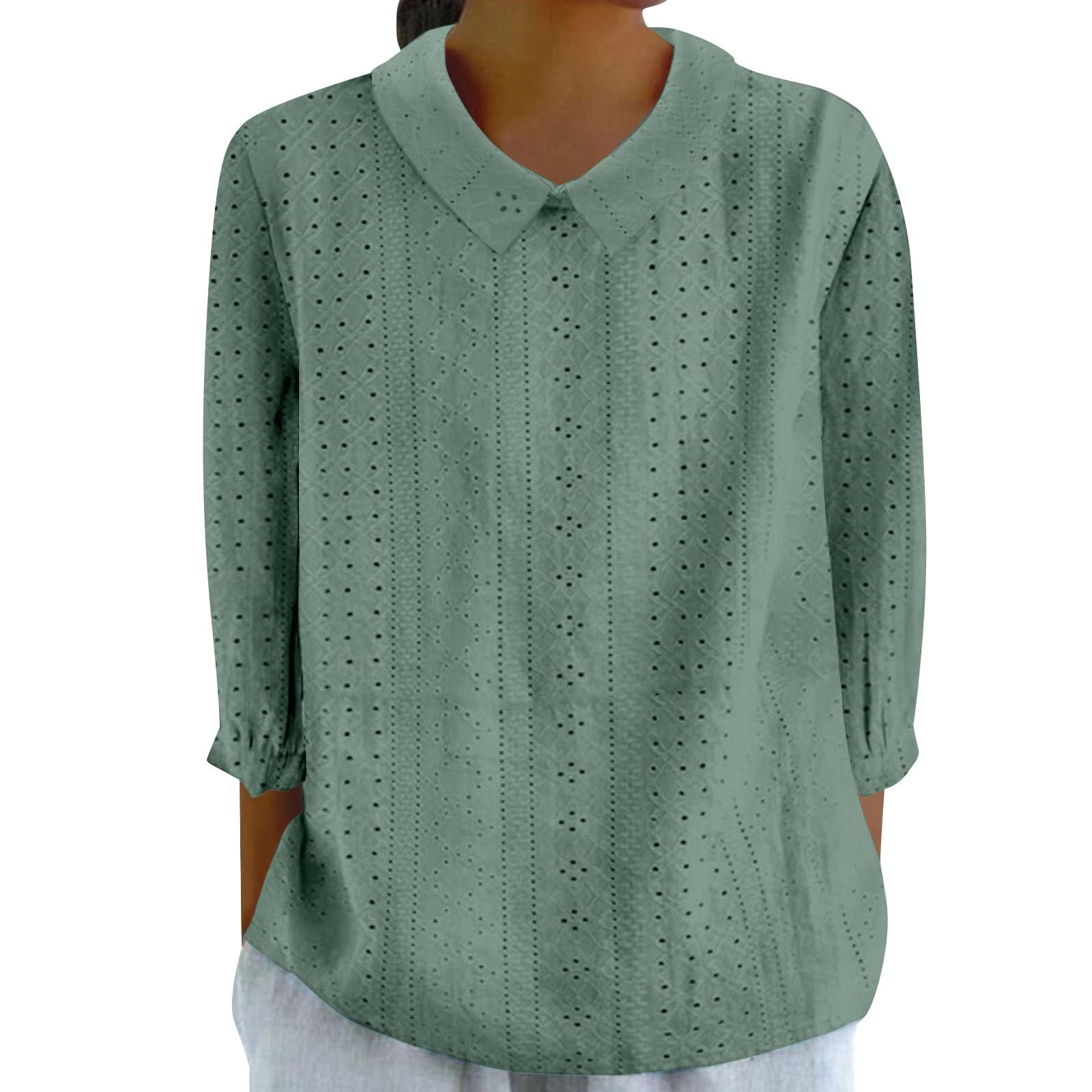 

Рубашки на пуговицах для женщин с кружевным воротником и люверсами, рукав 3/4, однотонные, повседневные, свободные, удобные, повседневные, осенние XXXL