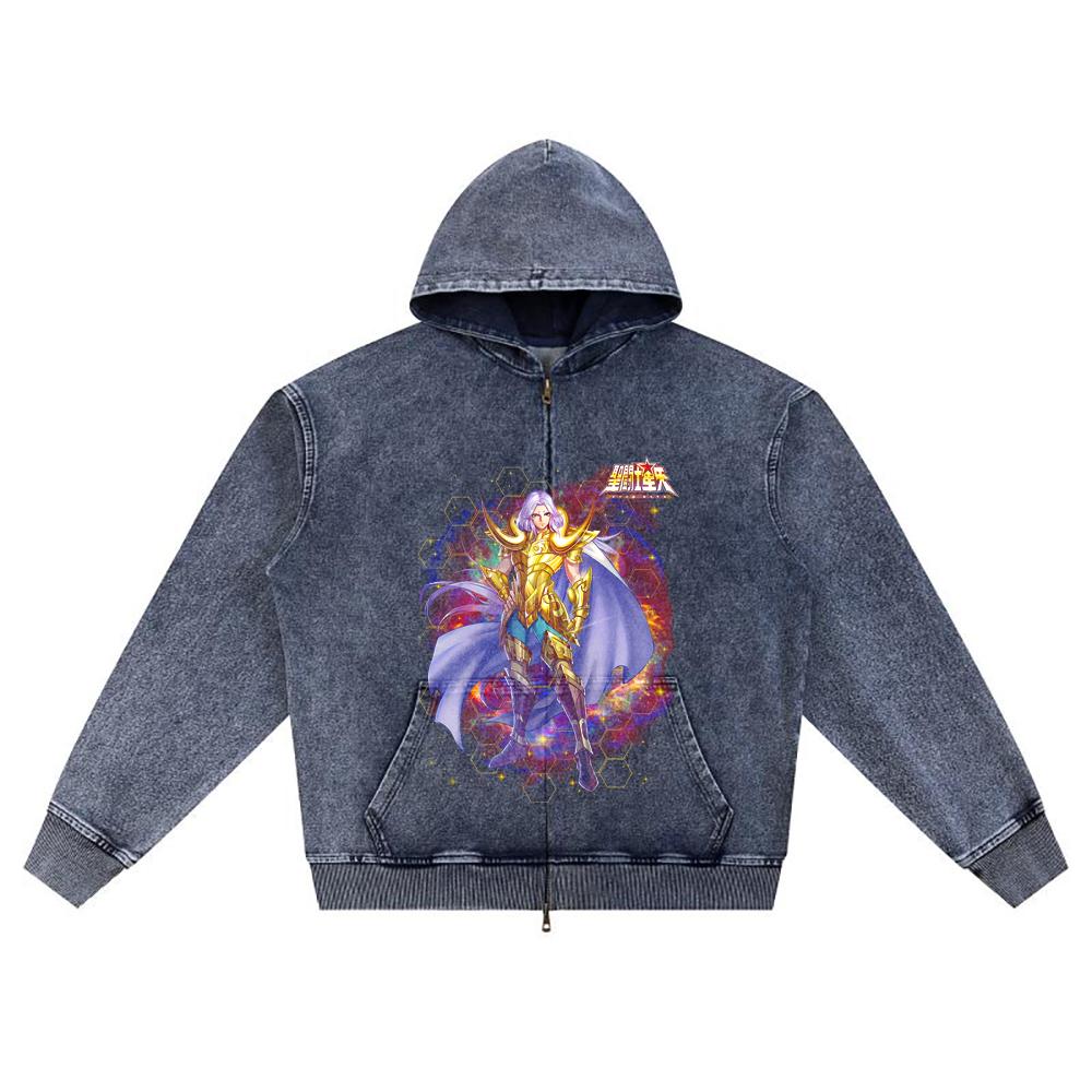 DTG print Knitted Denim Zip-Up Hoodie Caballero Dorado de Aries Brother Print Zipper Hoodies