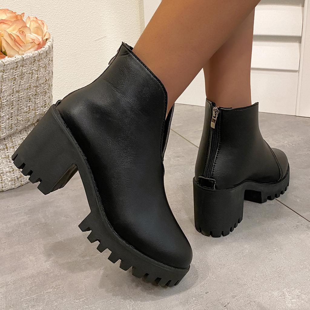 Fashionable Comfortable Round Toe High Heels Casual Thick Heel Short Solid Color 2025 New Autumn Winter Women's Boots