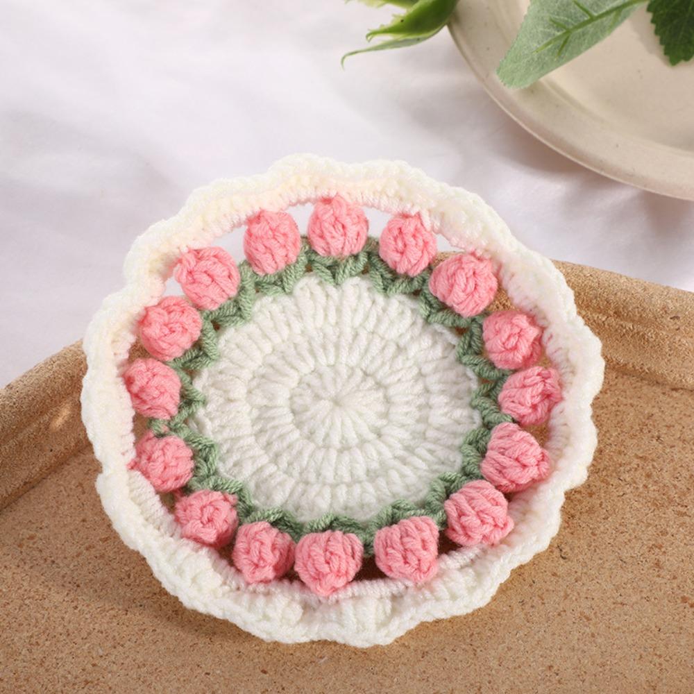 

2Pcs Round Hand-knitted Placemat Handmade Insulation Pads Coffee Mug Holder Woven Cup Pads Kitchen рожевий