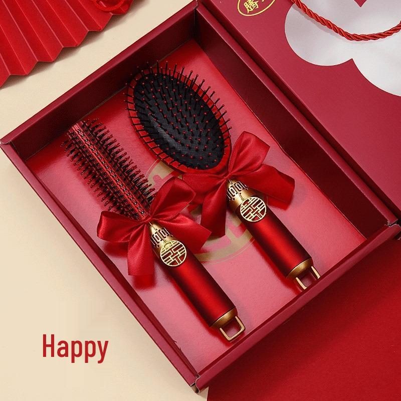Mitgift der chinesischen Braut: Roter Luftkissen-Kamm-Set - Flauschiger Airbag, Ein Paar mit Geschenkbox für Hochzeiten
