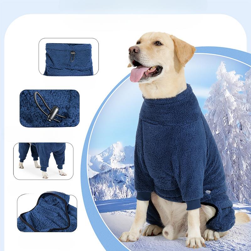 Dog Four-legged Coat for Winter Cold Protection and Warmth, Long Plush One-piece Coat for Home Wear, High Collar