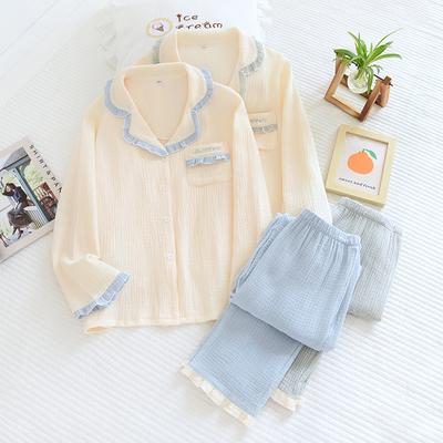 Nuovo Pigiama da Donna in Crêpe di Cotone 100% per Primavera e Autunno, Pantaloni a Maniche Lunghe, Set da Due Pezzi da Donna per Casa
