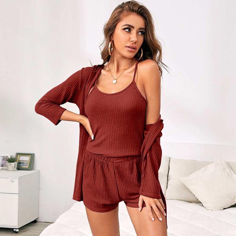 Three-Piece Women's Waffle Knit Lounge Set: Camisole, Shorts, and Outer Robe Pajamas