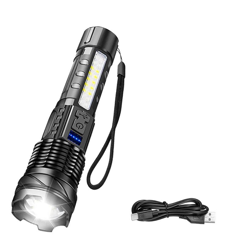 XHP50 High Power LED Flashlight Tactical COB Side Light Zoomable Torch Spotlight Rechargeable Waterproof Self-defense Flashlight