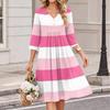 Women's Striped Print V-Neck Three-Quarter Sleeve Casual Dress