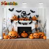 Mocsicka Halloween Photography Background White Fireplace Wall Bat Spider Web Pumpkin Party Decorations Photo Backdrop Wallpaper