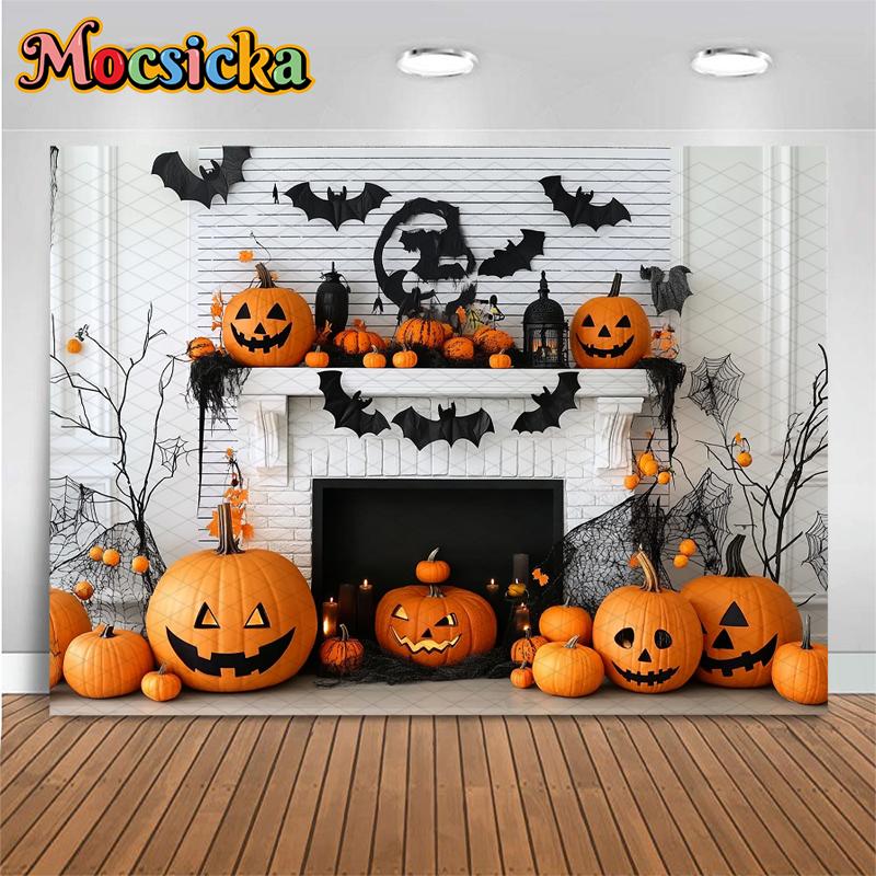 Mocsicka Halloween Photography Background White Fireplace Wall Bat Spider Web Pumpkin Party Decorations Photo Backdrop Wallpaper