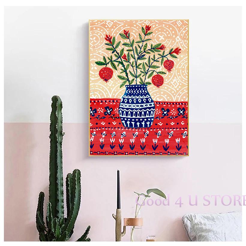 Griechischer Blumenstrauß Pflanzen Granatapfelblüte Dahlie Vase Boho Botanisches Poster Leinwandmalerei Wandkunst Bilder Heimdekor Geschenk