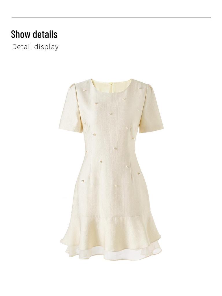 Elegant French Beaded Ruffle Hem Patchwork Gauze Dress for Women - Summer New Arrival