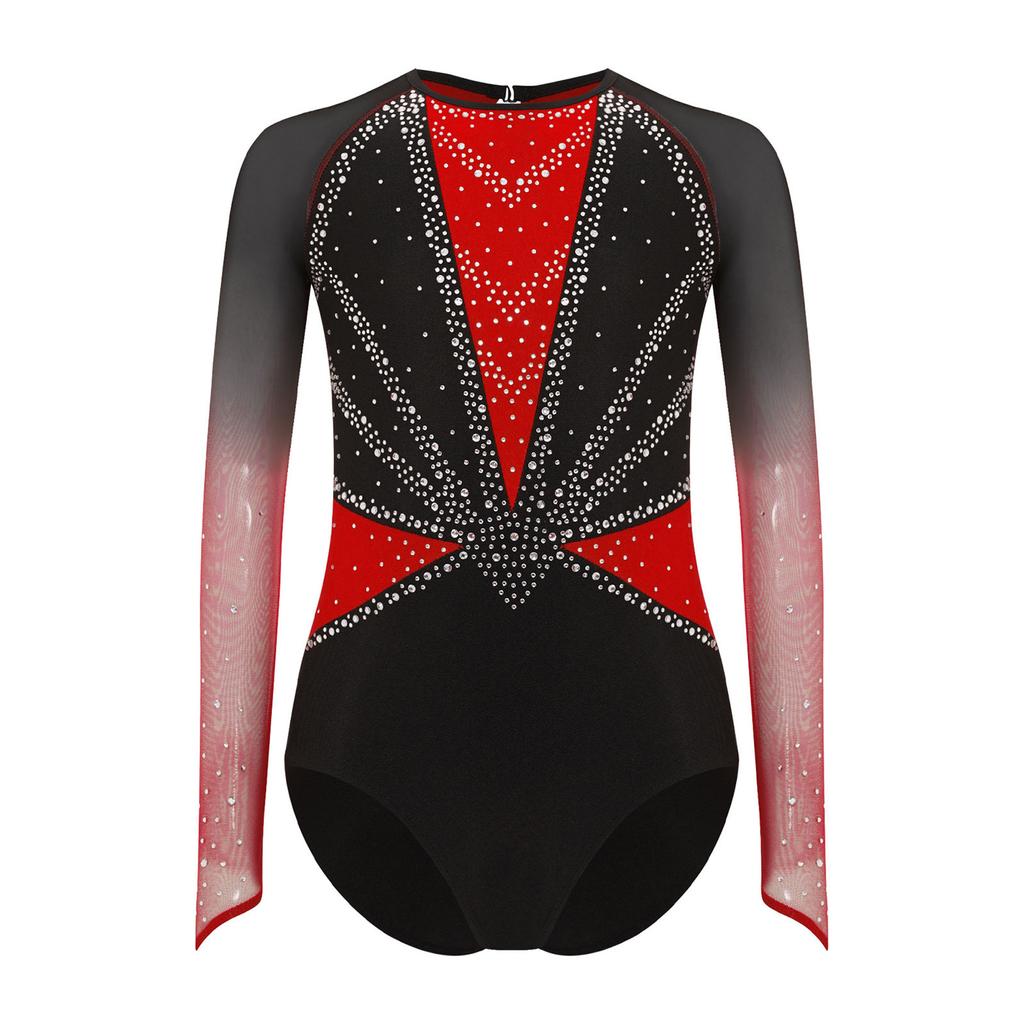 Costum de Gimnastică și Dans pentru Fete cu Mâneci Lungi din Plasă, Decolteu la Spate, Strălucitor cu Strass-uri, Leotard Color-Block