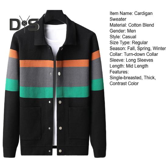 Fall Winter Men Cardigan Sweater Coloblock Turn-down Collar Coat Long Sleeves Pockets Single-breasted Knitted Elastic Jacket