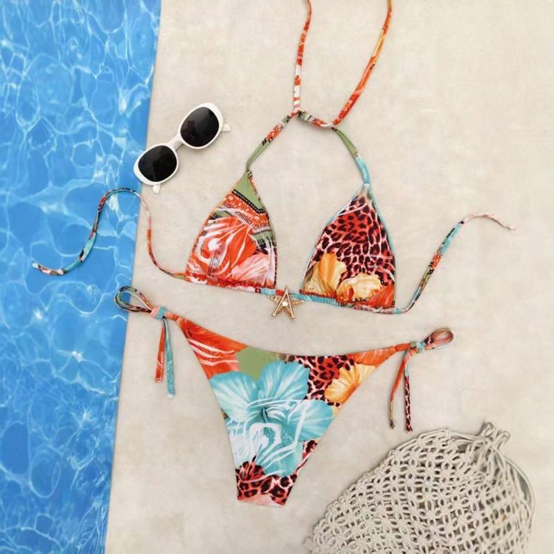 Evropský a americký nový šněrovací tištěný plavkový bikini set, dvoudílný plavkový oblek pro ženy