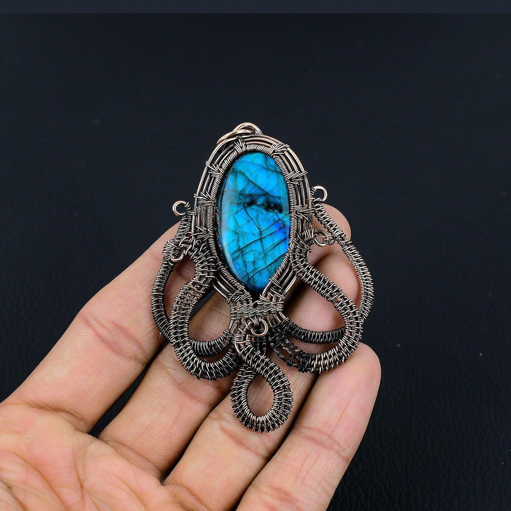 Labradorite Pendant, Handmade Gemstone 999 Copper Wire Wrapped Pendant Antique Jewelry, For Gift Silver Jewelry