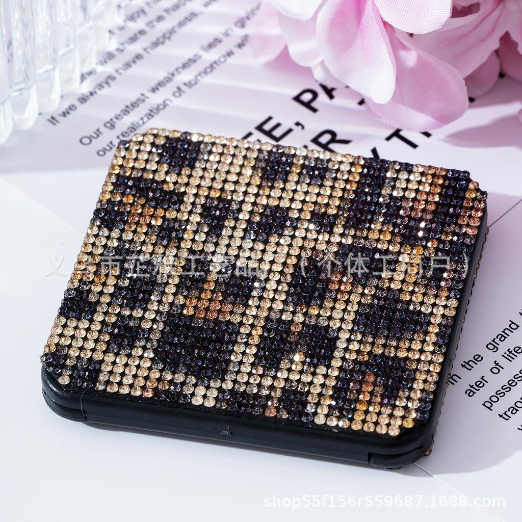 Modischer Tragbarer Kosmetikspiegel mit Strasssteinen, Kosmetikspiegel, Geschenk + Körper Flip Quadratischer Spiegel Handheld Doppelseitig Faltbar