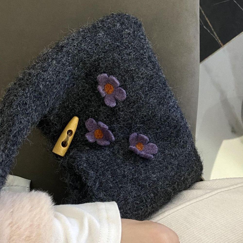 Horn Button Knitted Handbag Flower Phone Bag Casual Knitted Wrist Bag  Travel
