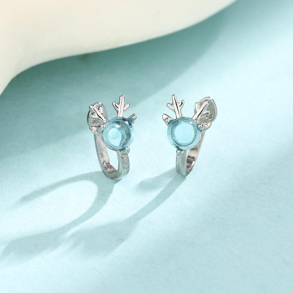 Blue Rhinestone Reindeer Ear Cuff - No Piercing Required, Festive Fashion Antler Clip