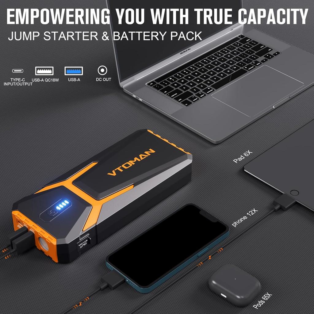 V10 Pro 4500A Przenośny rozrusznik do akumulatora, 12V Litowy booster samochodowy do silników benzynowych i diesla + ładowarka USB-A 15W