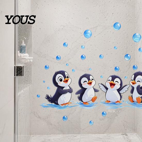 Easy Peel Wall Stickers Penguin Decals, Cute 4 Happy Penguins Bathing Decor, Self Adhesive Water Vapor Resistant Removable for Bathroom,