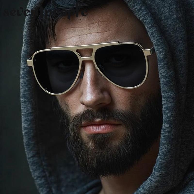 Steampunk Pilot Oval Sunglasses Men Luxury Brand Vintage Punk Metal Outdoor Sun Glasses For Male Trendy Double Beam Shades