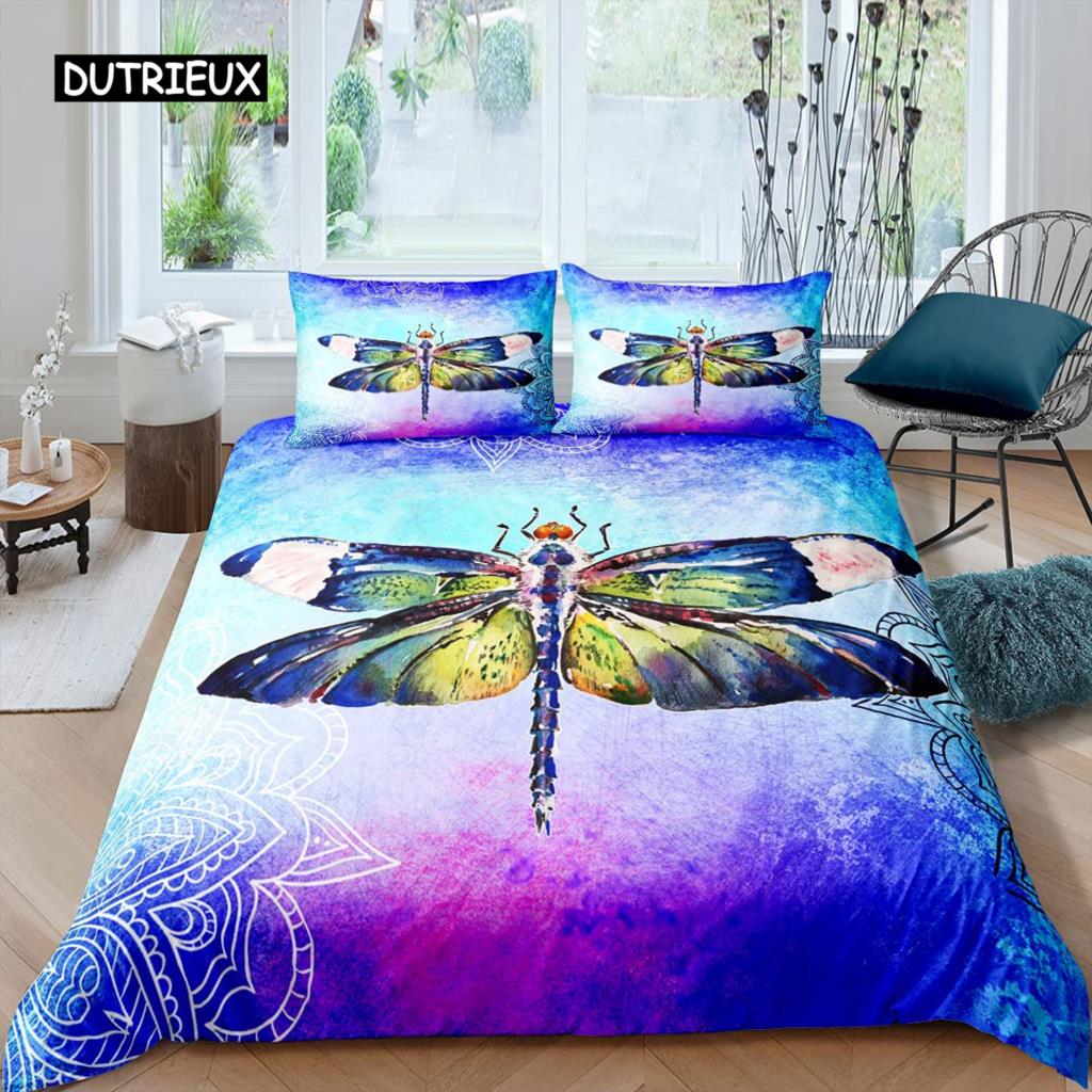 Dragonfly Duvet Cover Set King Size Colorful Wing Bedding Set for Kids Teens Adult Forset Wild Animal Theme 2/3pcs Quilt Cover