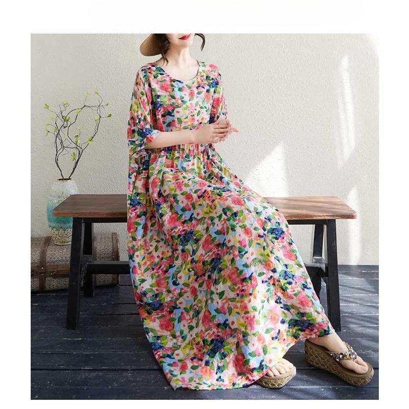 Women's Cotton and Linen Round Neck Short Sleeved Simple Floral Long Skirt, Long Girl