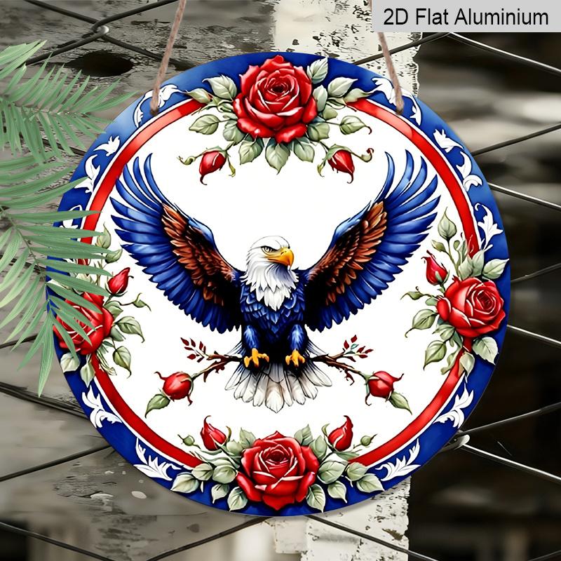 2D Flat, 1pc Blue, Red and White Eagle Garland Sign, Round Metal Aluminum Garland Sign, Patriotic Sign, 4th of July & Memrial Day Decorative