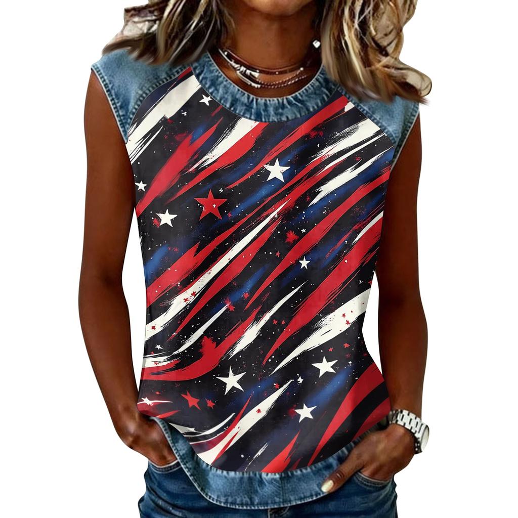 Women Sleeveless Pullover Tank Top Casual Round Neck Blouse Independence Day Print Shirt with Star Pattern and Abstract Design