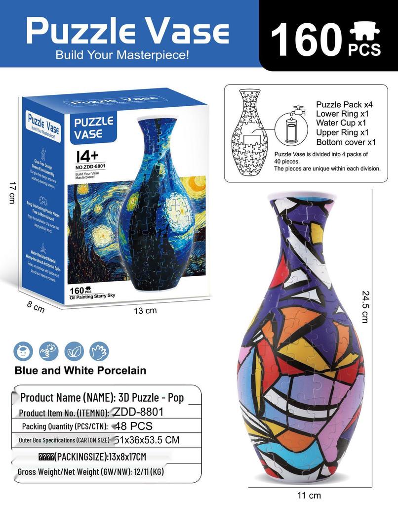 Blue & White Porcelain 3D Puzzle Vase: DIY Ornament & Flower Arrangement Toy for Kids