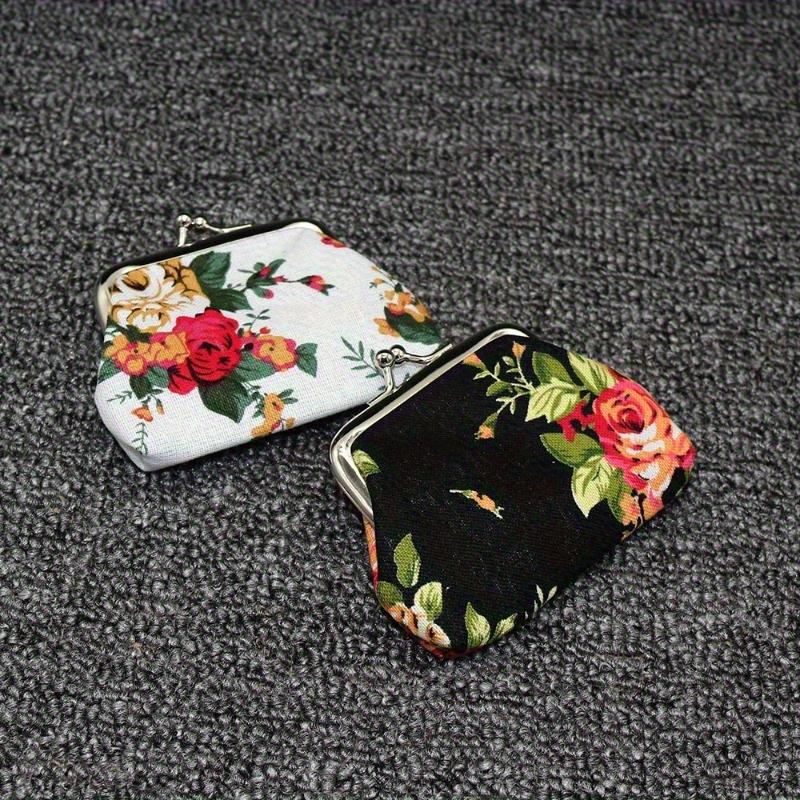 1pc Kiss Lock Coin Purse, Women's Stylish Small Canvas Floral Pattern Storage Bag Ofr Keys & Lipstick
